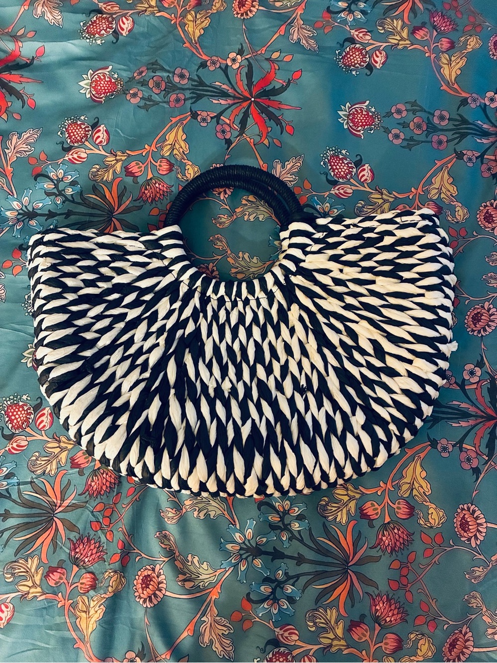 Black & White Woven Half-Moon Handbag with Round Handles